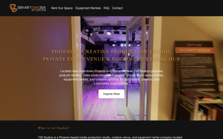 Screenshot of website of 726Studios